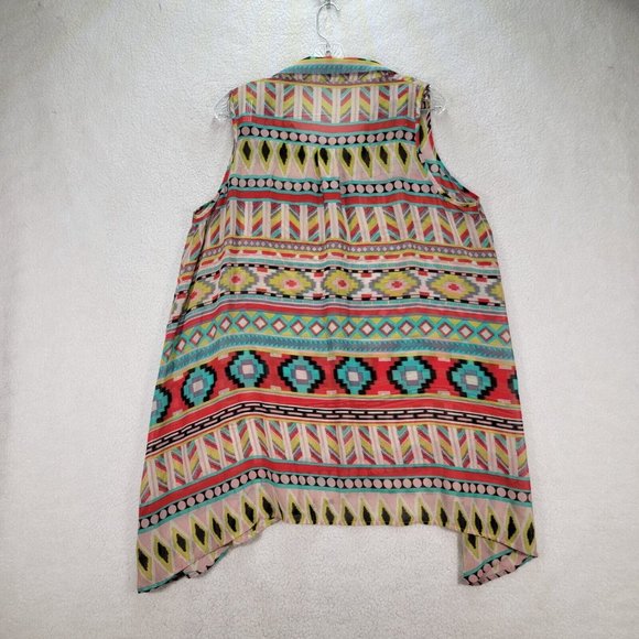 BCBGMaxazria Chiffon Collar Tribal Colorful Sheer Hi Low Western Boho Tunic Top - Picture 9 of 11